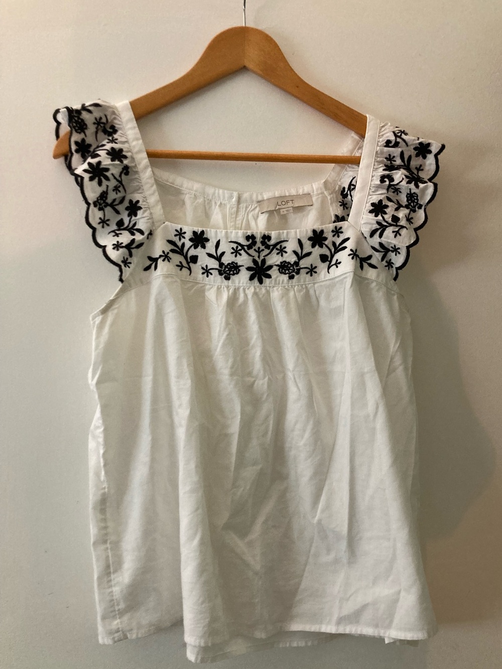 LOFT White Top with Black Floral Embroidery